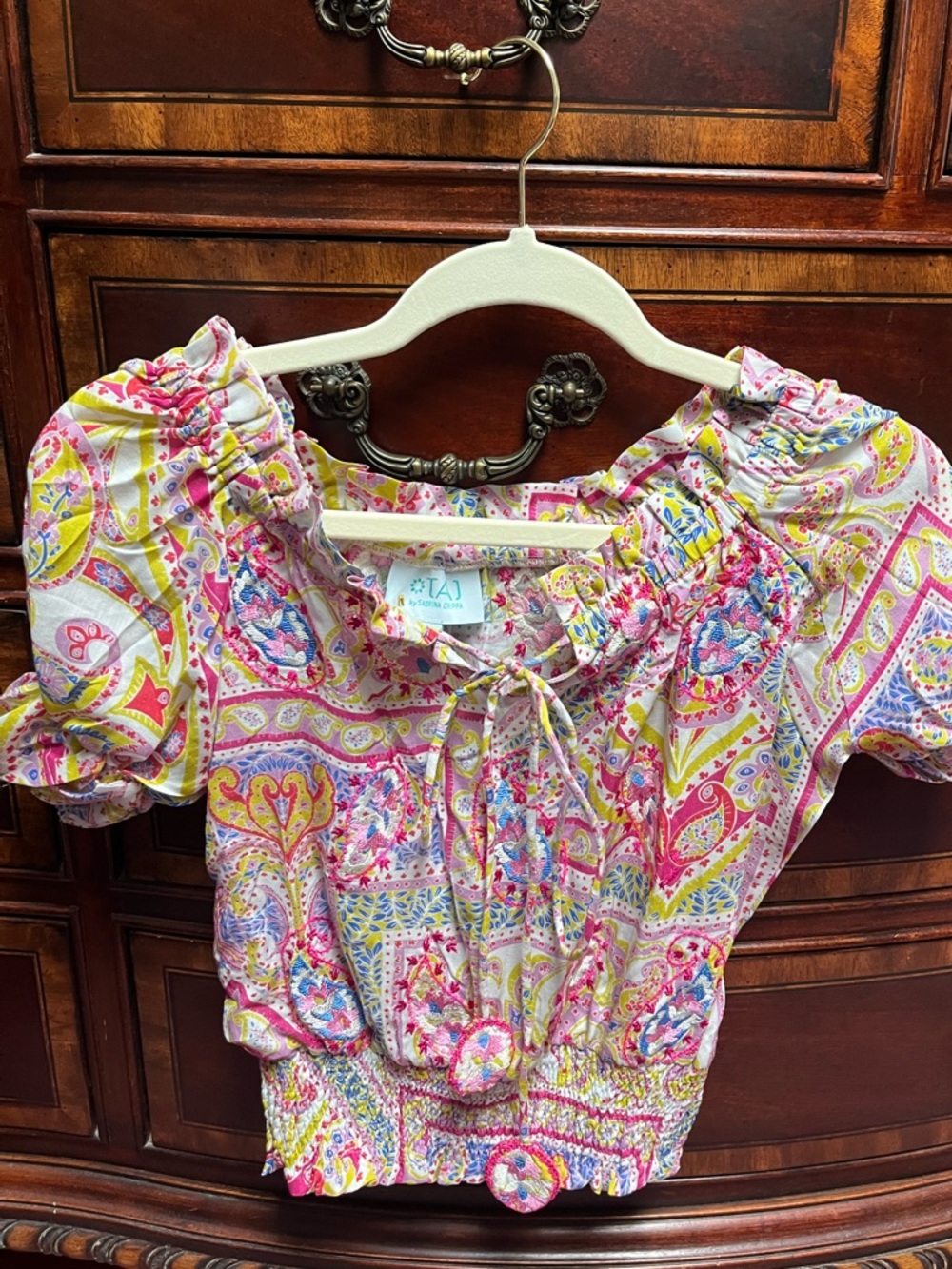 TAJ Floral Paisley Smocked Peasant Top in Pink, Yellow & Blue